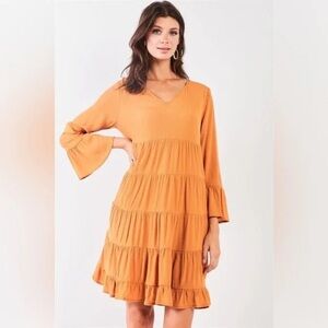 ❄️ Very J | Boho Mustard V-Neck 3/4 Flare Sleeve Dress Fall Vibes